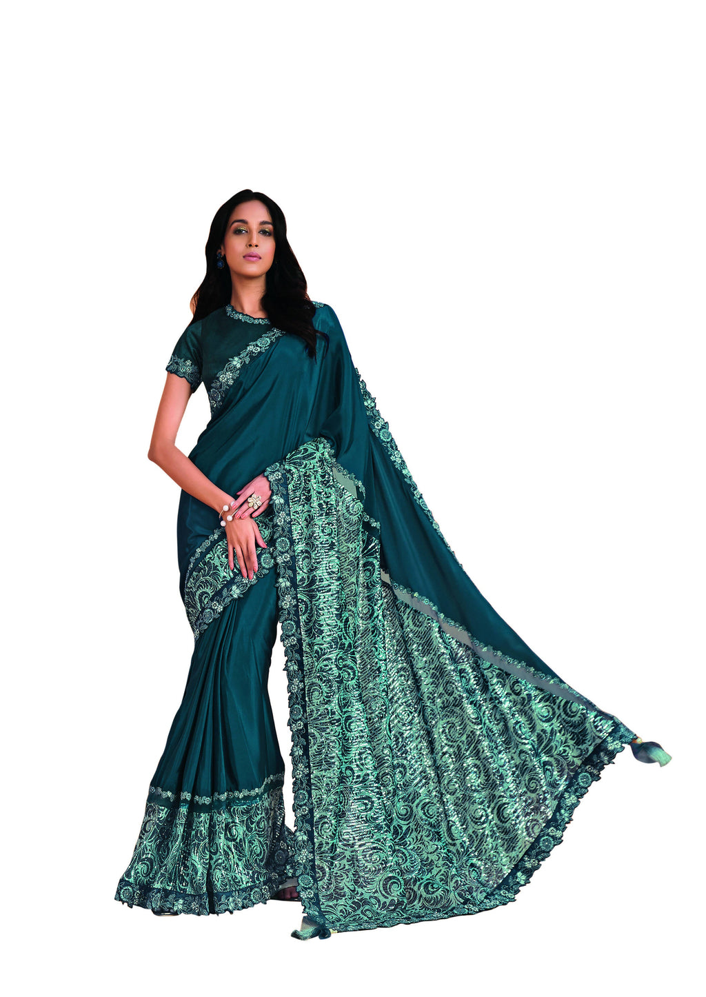 Teal Satin Crepe Silk Sequence Embroidered Saree With Unstitched Blouse - Mohmanthan Yavanika