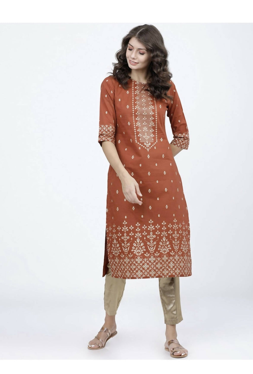 Indian Clothing Cheera Embellished Daily Wear Cotton Blend Kurta - Brown