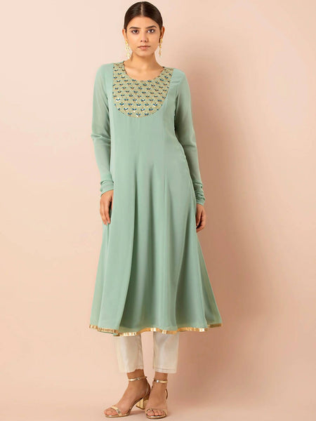 Indya Green Embroidered A-Line Kurta