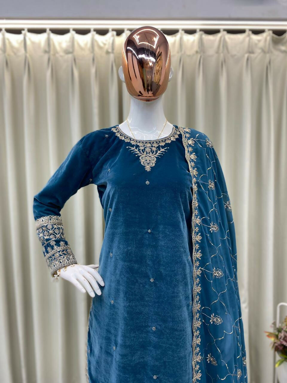 Vastranavya Blue Velvet Sequence Embroidery Work Kurta & Bottom With Dupatta - Distacart