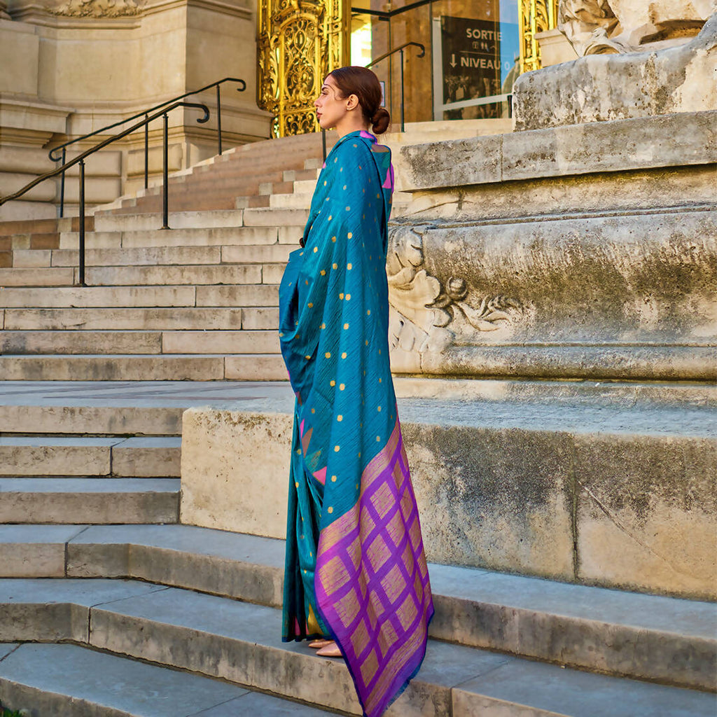 Navy Blue Handloom Khaddi Silk Saree With Contrast Pallu & Blouse - Rajtex Khwaab Silk