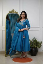 The52 Petrol Women's Beautiful Parampara Fabric Embroidered Work Flared Kurta Pant and Dupatta Set - Distacart