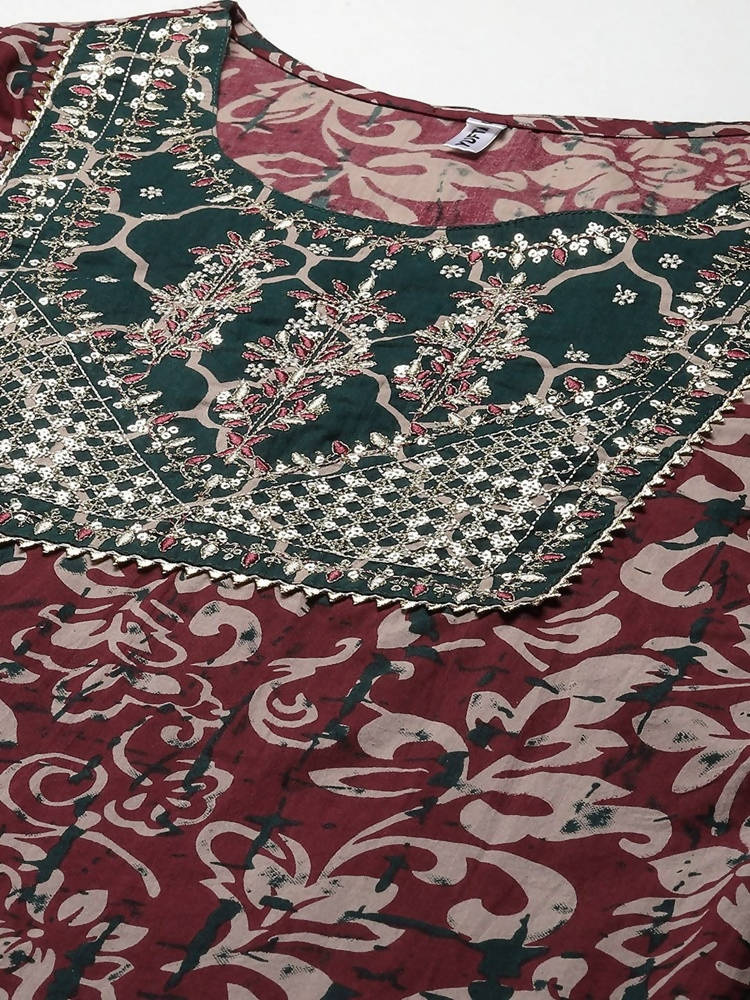 Yufta Women Mauve & Green Ethnic Motifs Printed Sequined Cotton Kurta Set & Dupatta