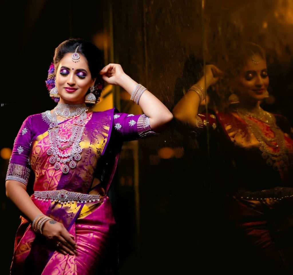 DEIANA'S Beautiful Designer Golden zari Soft Lichi Silk Saree - Pink