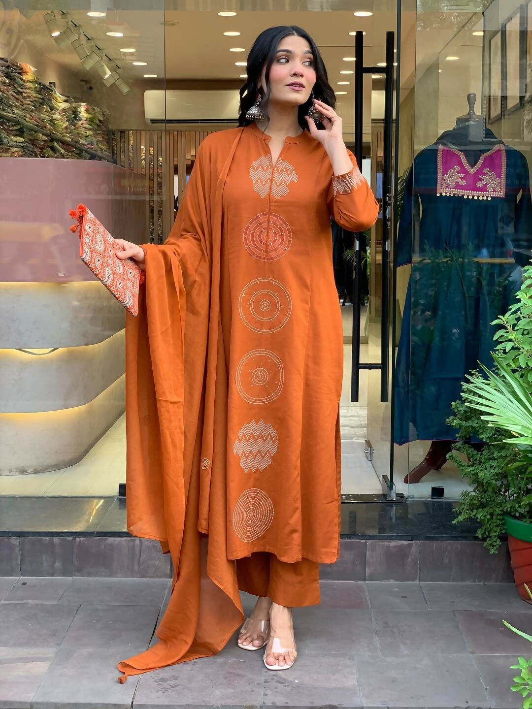 The52 Orange Women's Gorgeous Chanderi Fabric Embroidered Work Straight Kurta Pant and Dupatta Set - Distacart