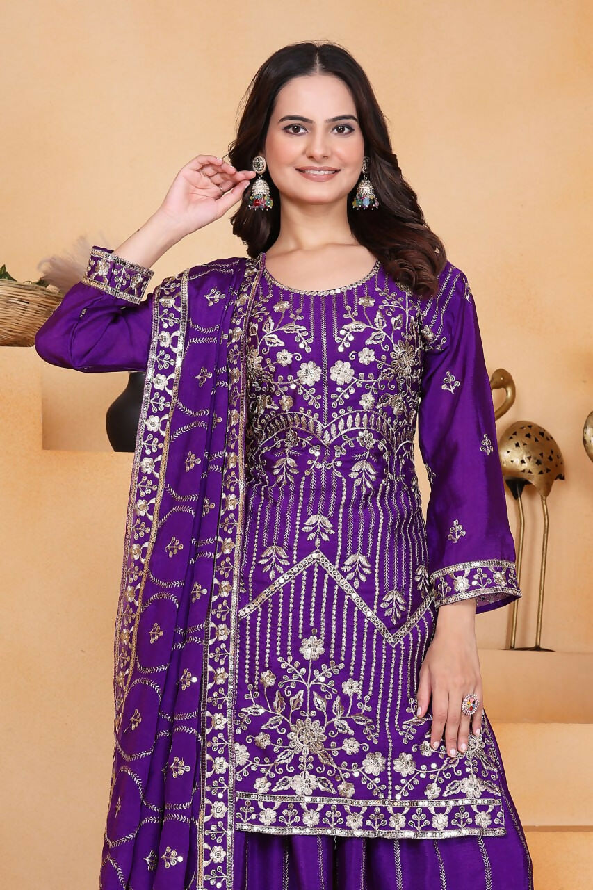 Teeya Creation Purple Color Chinon Silk Embroidery Work Wedding Wear Palazzo Set - Distacart