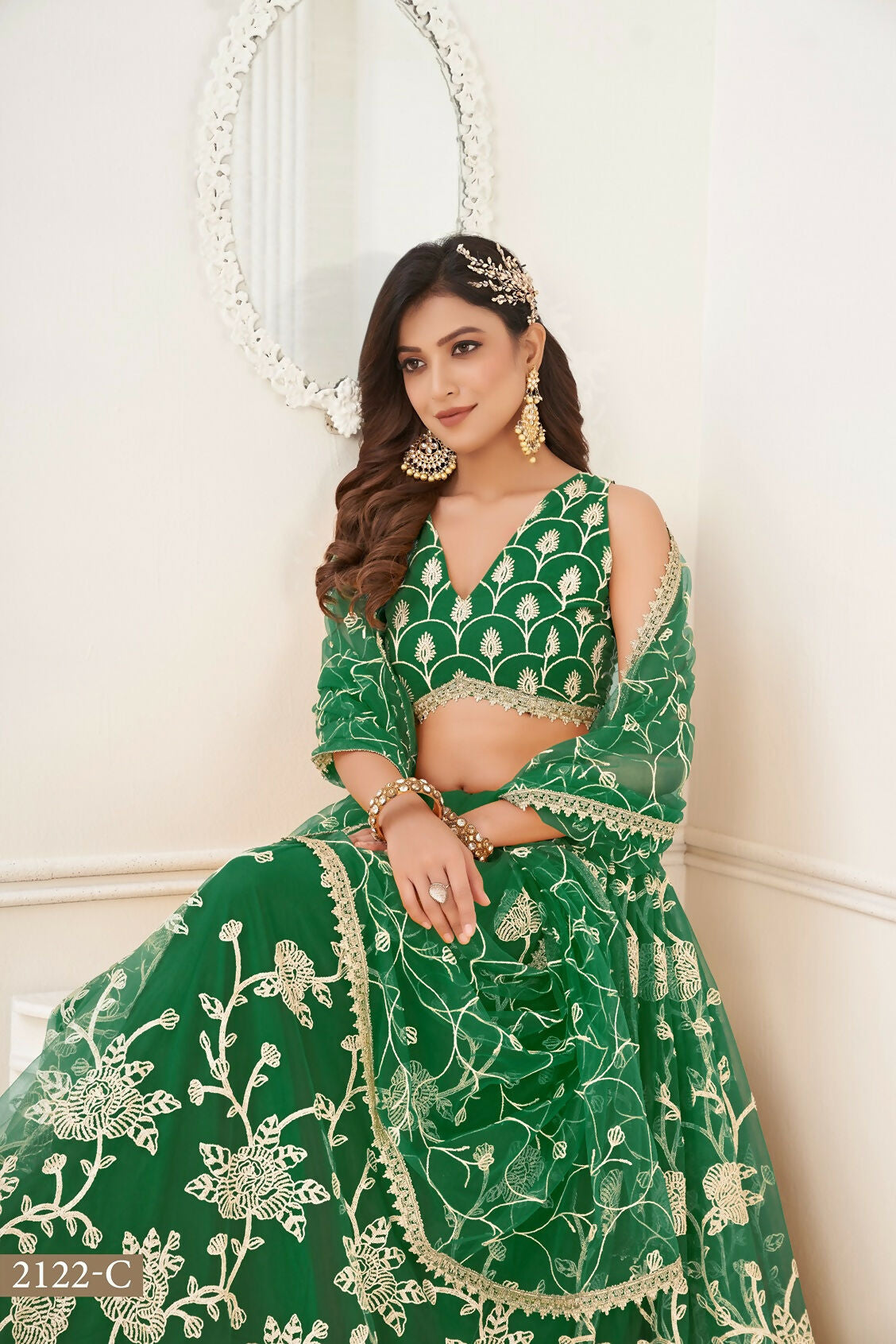 Eilara Women'S Green Butterfly Net With Sequins And Embroidery Work Lehenga Choli For Wedding