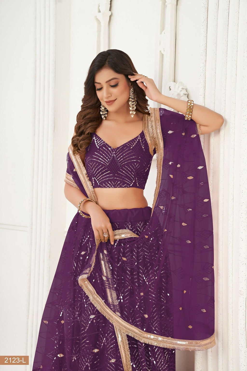 Eilara Wine Thread Sequin Embroidered Net Lehenga Set