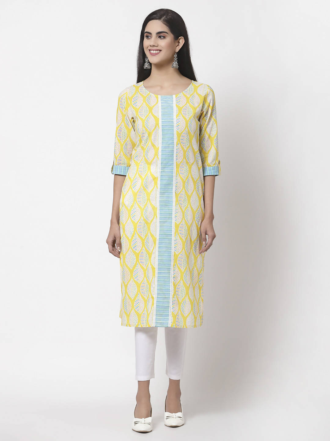 Myshka Women Yellow Cotton Printed 3/4 Sleeve Round Neck Kurta
