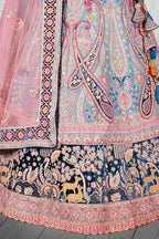 Blue & Pink Velvet Thread with Hand Work Semi Stitched Lehenga Choli with Dupatta - Nimaya Lagnotsav
