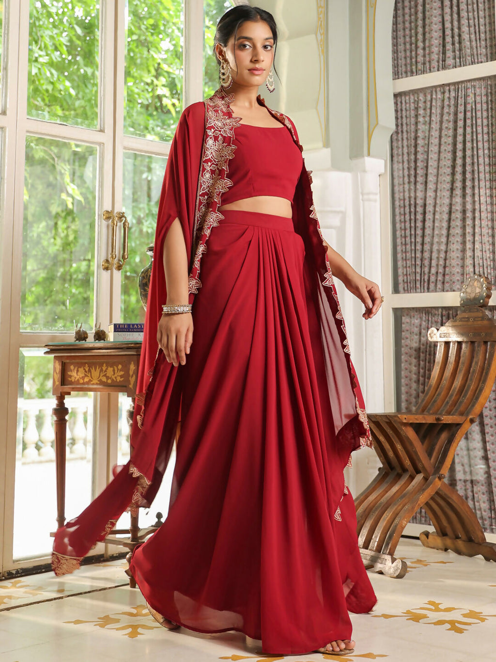 Janasya Maroon Georgette Solid Top Bottom Cape