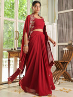 Janasya Maroon Georgette Solid Top Bottom Cape