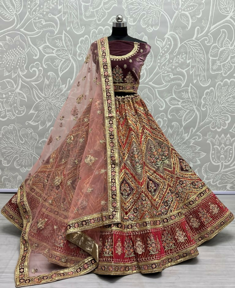 Jyoti Fashion Women's Purple Velvet Golden Gotta, Multi Thread Embroidered with Diamond Work Wedding Lehenga Choli