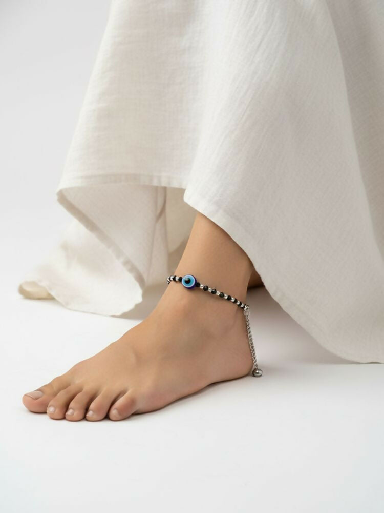 NVR Women Evil Eye Silver Plated Artificial Beads Anklet