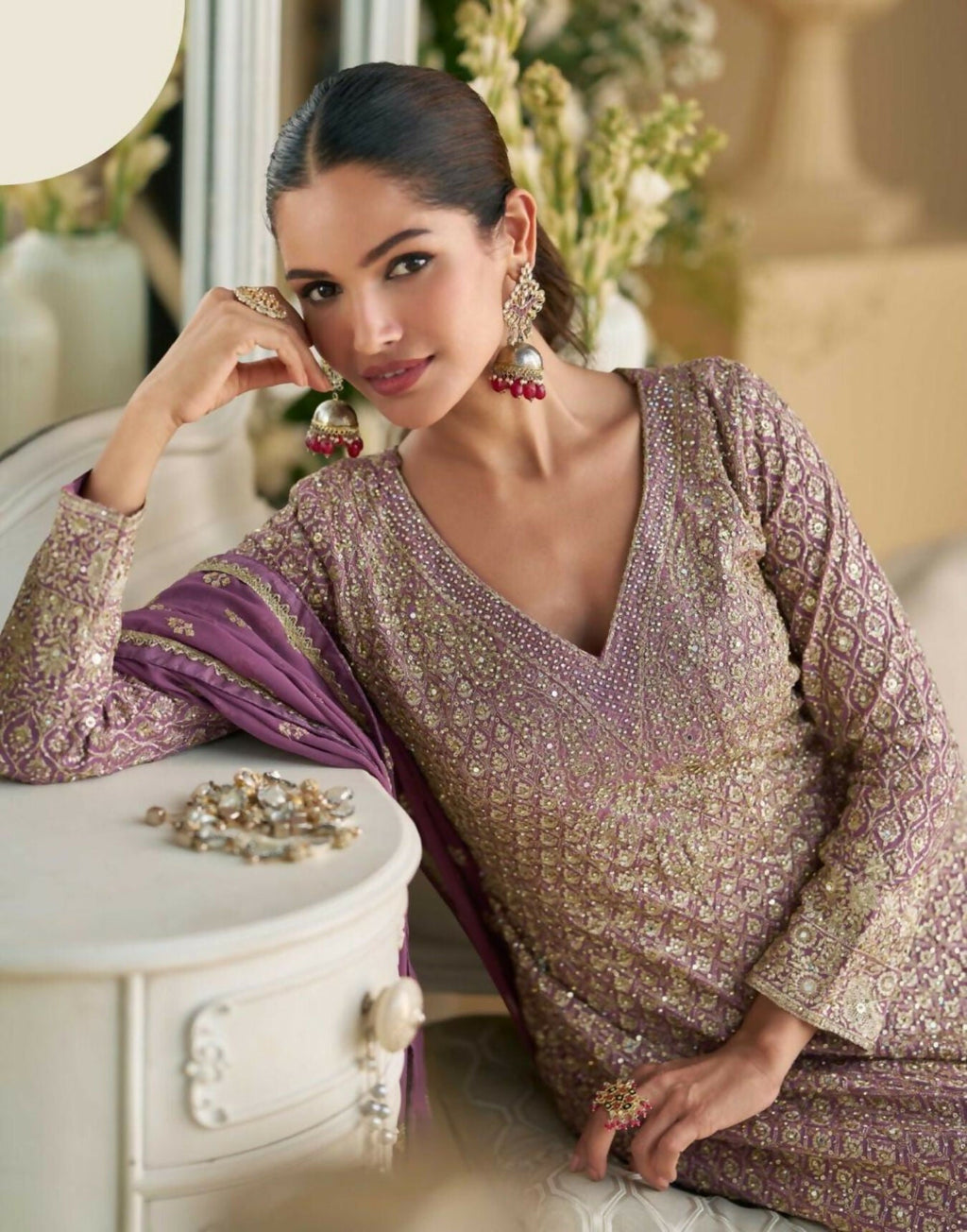 Anaita Lavender Heavy Georgette Stitched Suit with Sequence & Diamond work - Distacart