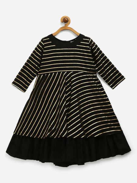 Ahalyaa Black Georgette Gold Print Kids Kurta For Girls