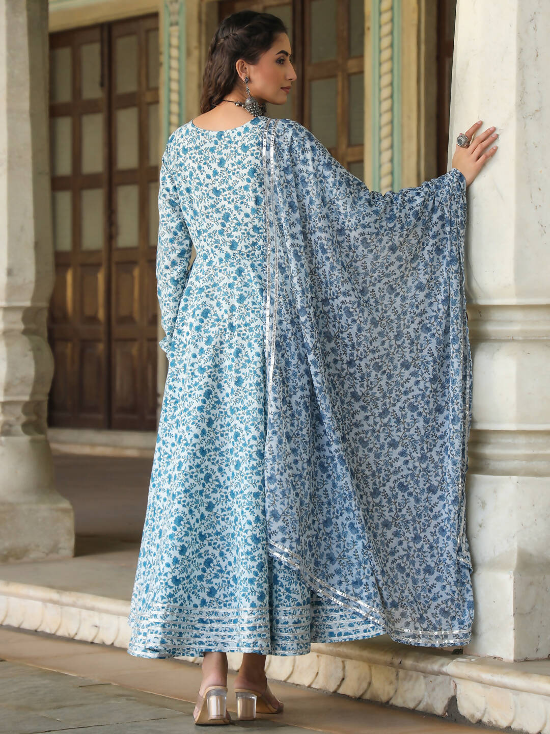 Juniper Women's Blue Cambric Floral Printed Circular Kurta Dupatta Sets - Distacart