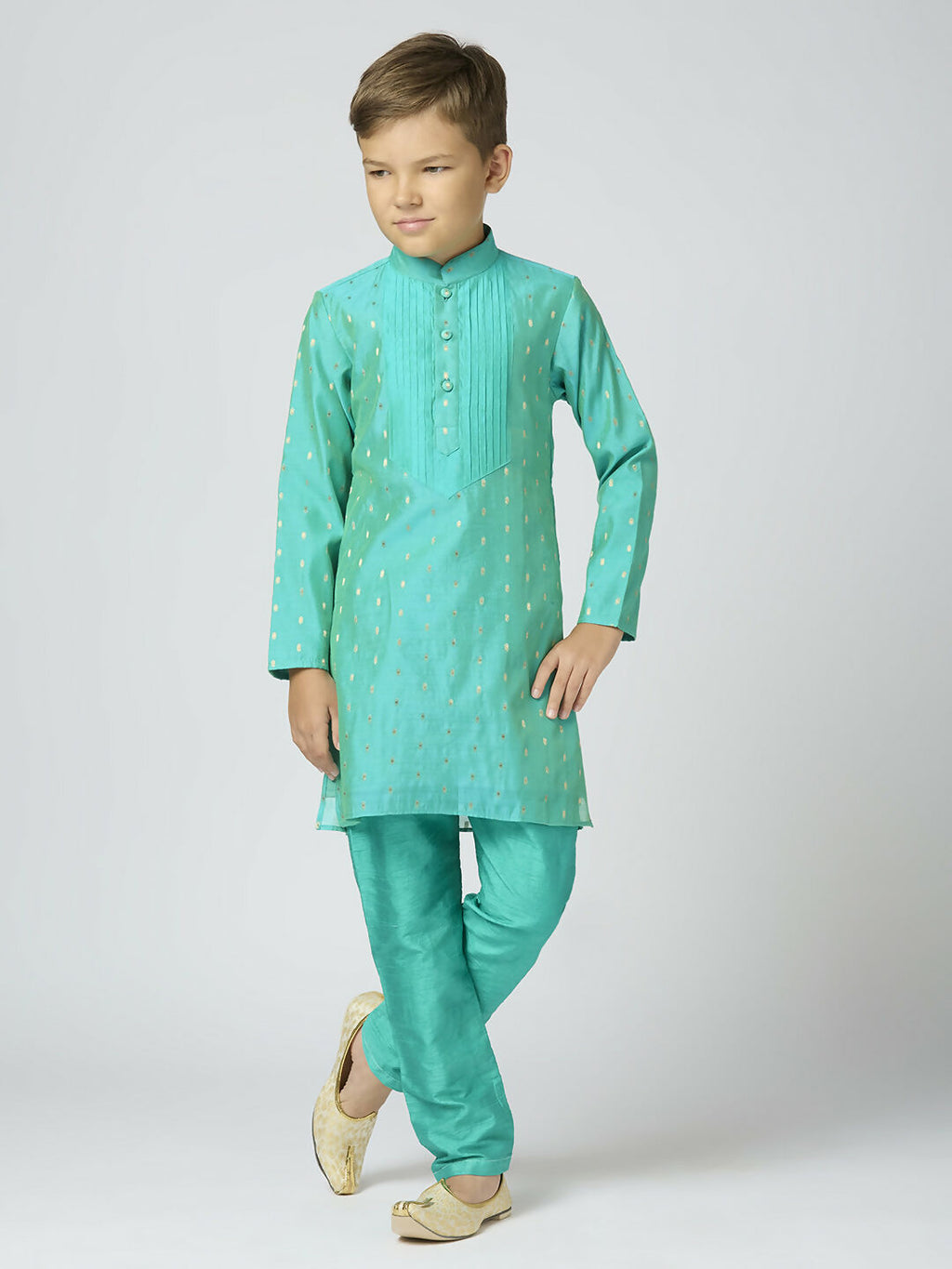 Joban Fashion Kids Island Full Sleeves Chanderi Kurta, Pyjama Set with Traditional Butta Work - Sea Green