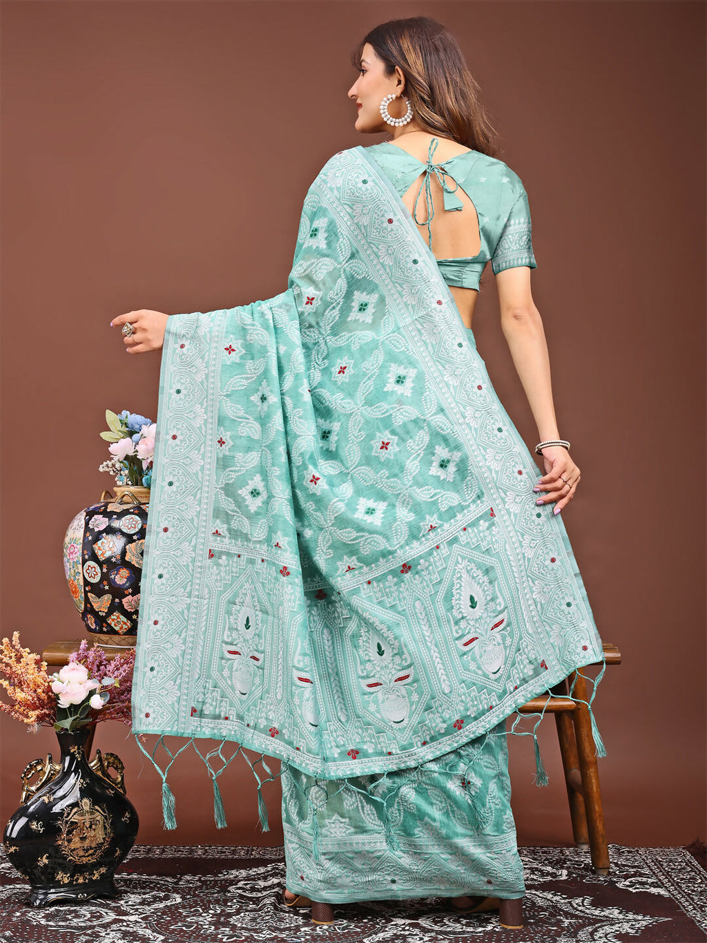 Shree Shyam Fashion Pankhuri Sea Green Linen Cotton Saree