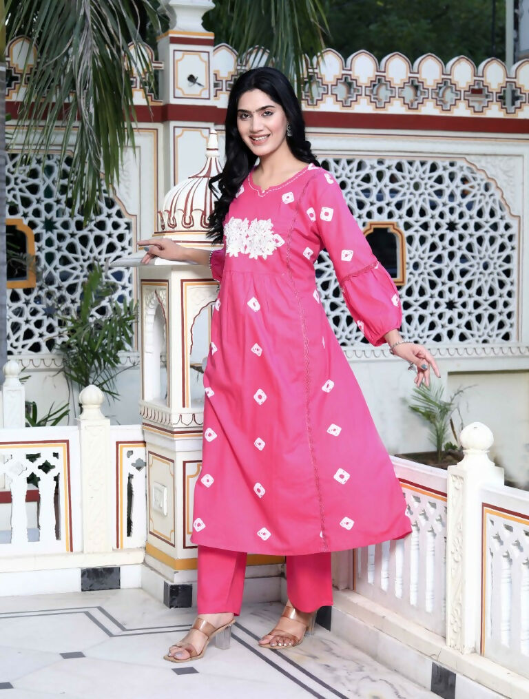 Miravan Women's Jaipuri Moti And Chikan Embroidered & Lace Embellished Pink Bandhani Printed Palazzo Set