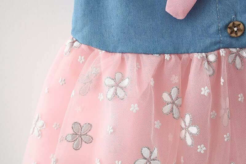 Bold N Elegant Cap Sleeve Denim Embroidered Midi Party Dress Frock with Hat Dress - Floral Pink