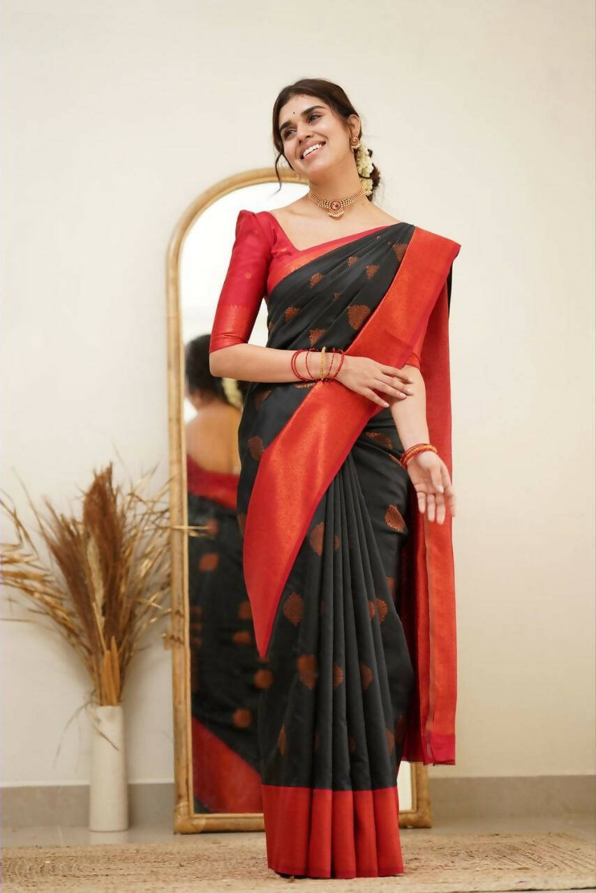 DEIANA'S Beautiful Designer Golden zari Soft Lichi Silk Saree - Black