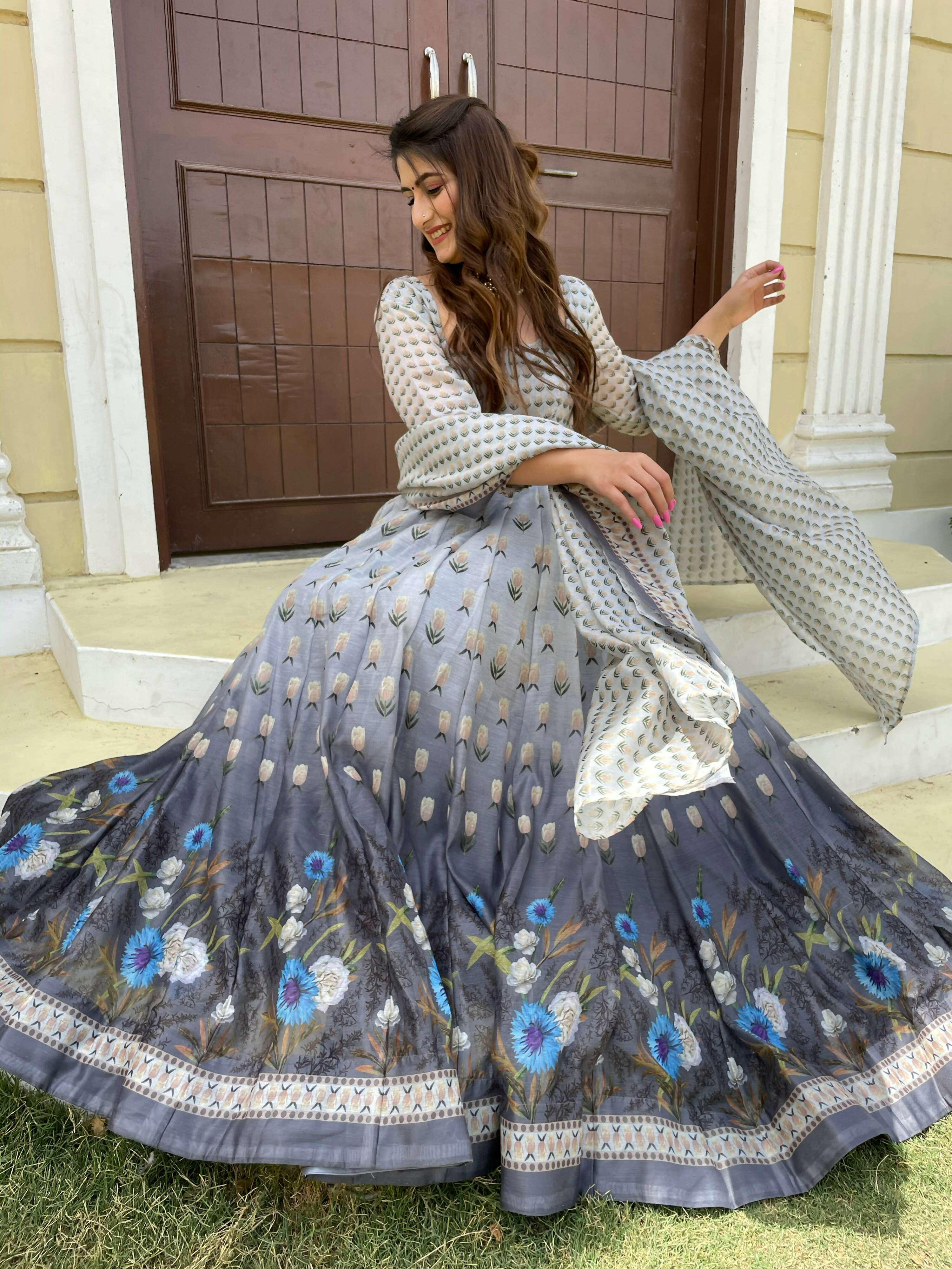 Partywear Designer Gray Chanderi Suit - Anbazaar - Distacart