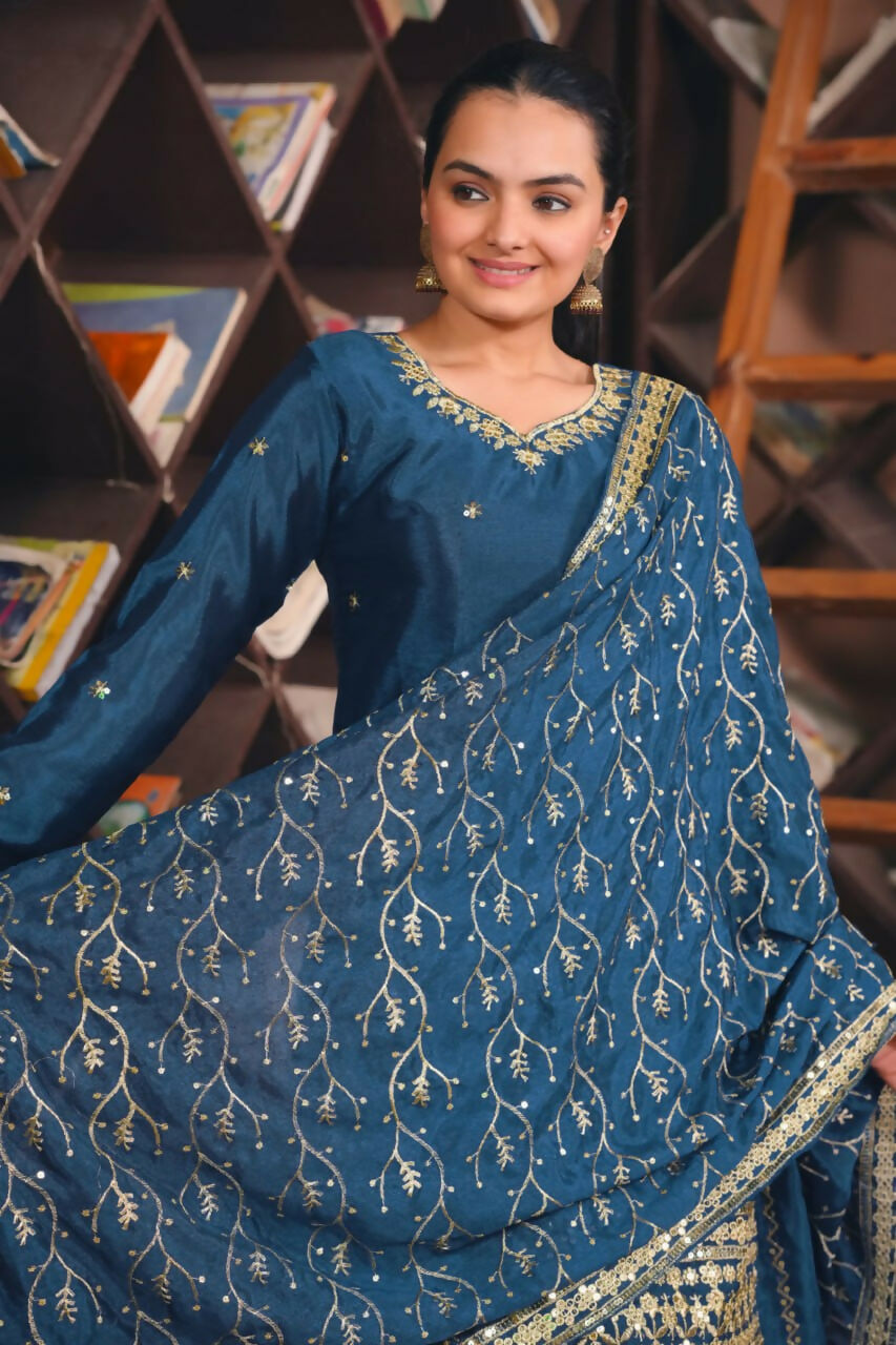 Teeya Creation Blue Color Chinon Silk Wedding Wear Trending Palazzo Set - Distacart