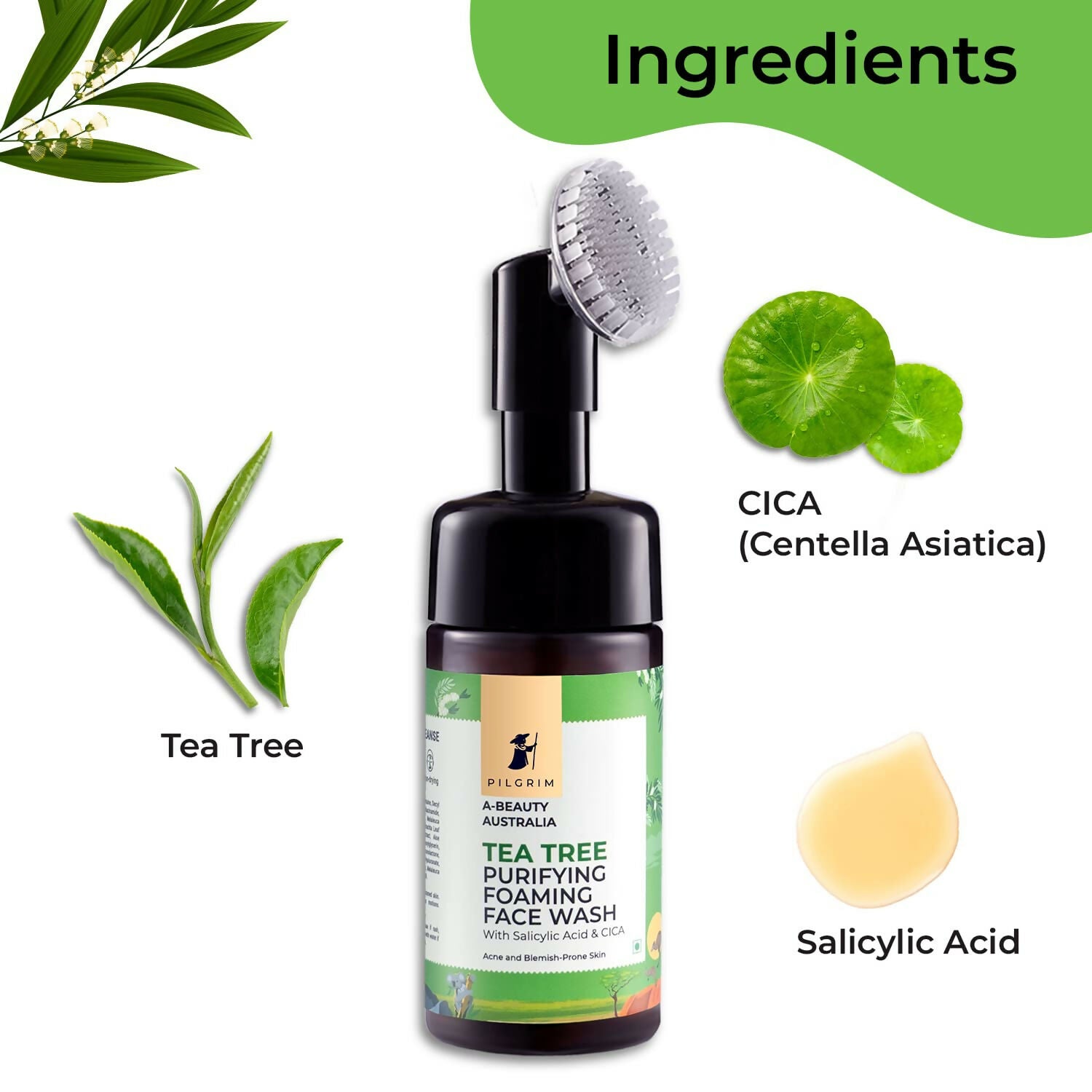Pilgrim Australian Tea Tree & 1% Salicylic Acid Foaming Face Wash with Brush For Oily Skin, Acne And Pimples - Distacart