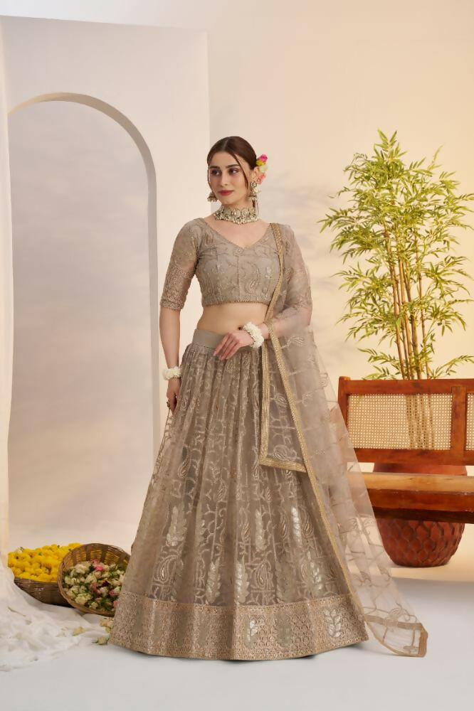 Aastha Fashion Metallic Gray Butterfly Net Tone To Tone Cotton Thread Work And Sequence Work Embroidery Wedding Wear Lehenga Choli