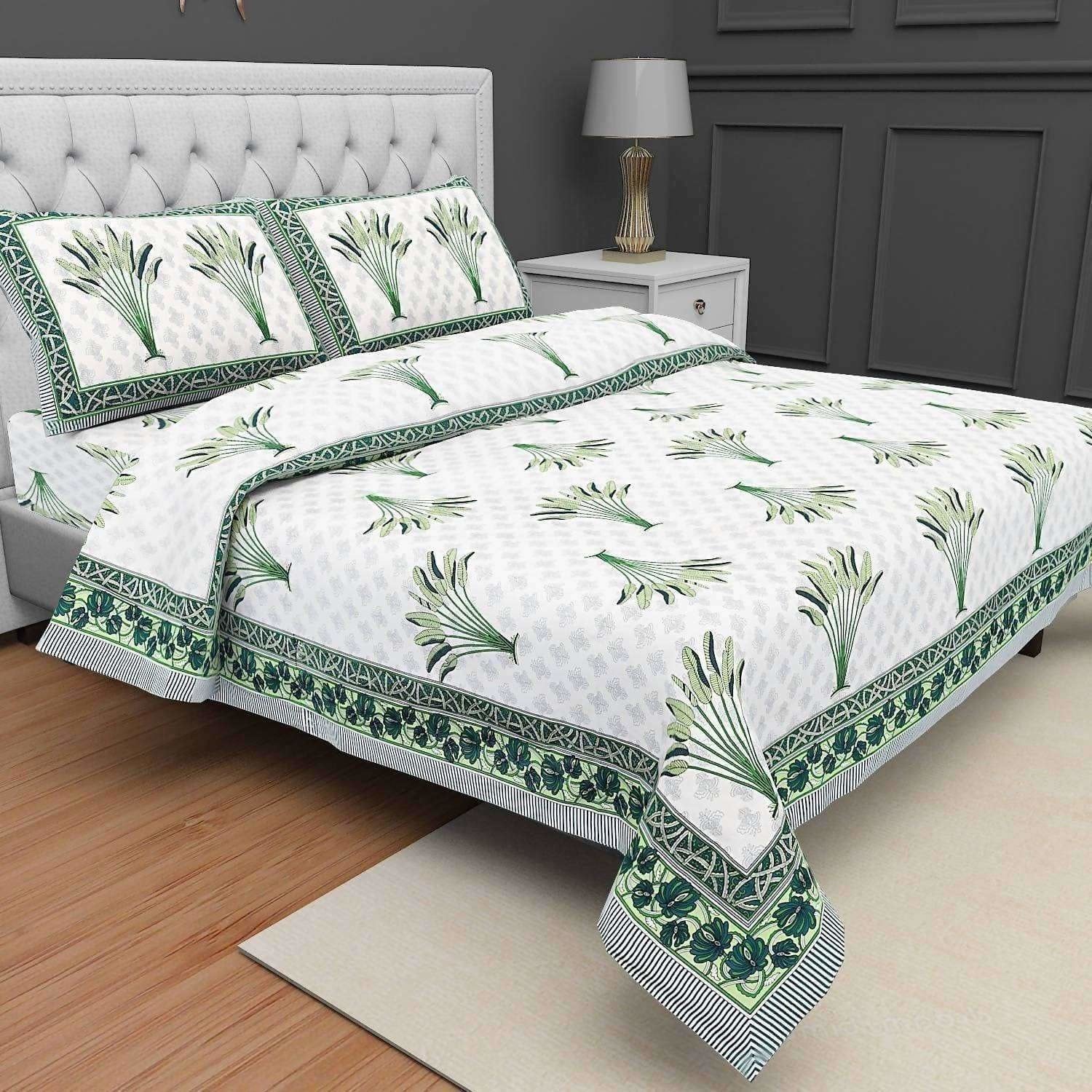 Jaipuri Hand Block Printed Traditional 144TC Cotton Double/Queen Bedsheet with 2 Pillow Covers