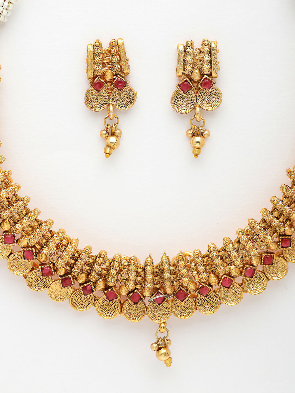 NVR Women Gold-Polished Pink Stone Studded Handcrafted Temple Jewellery Set