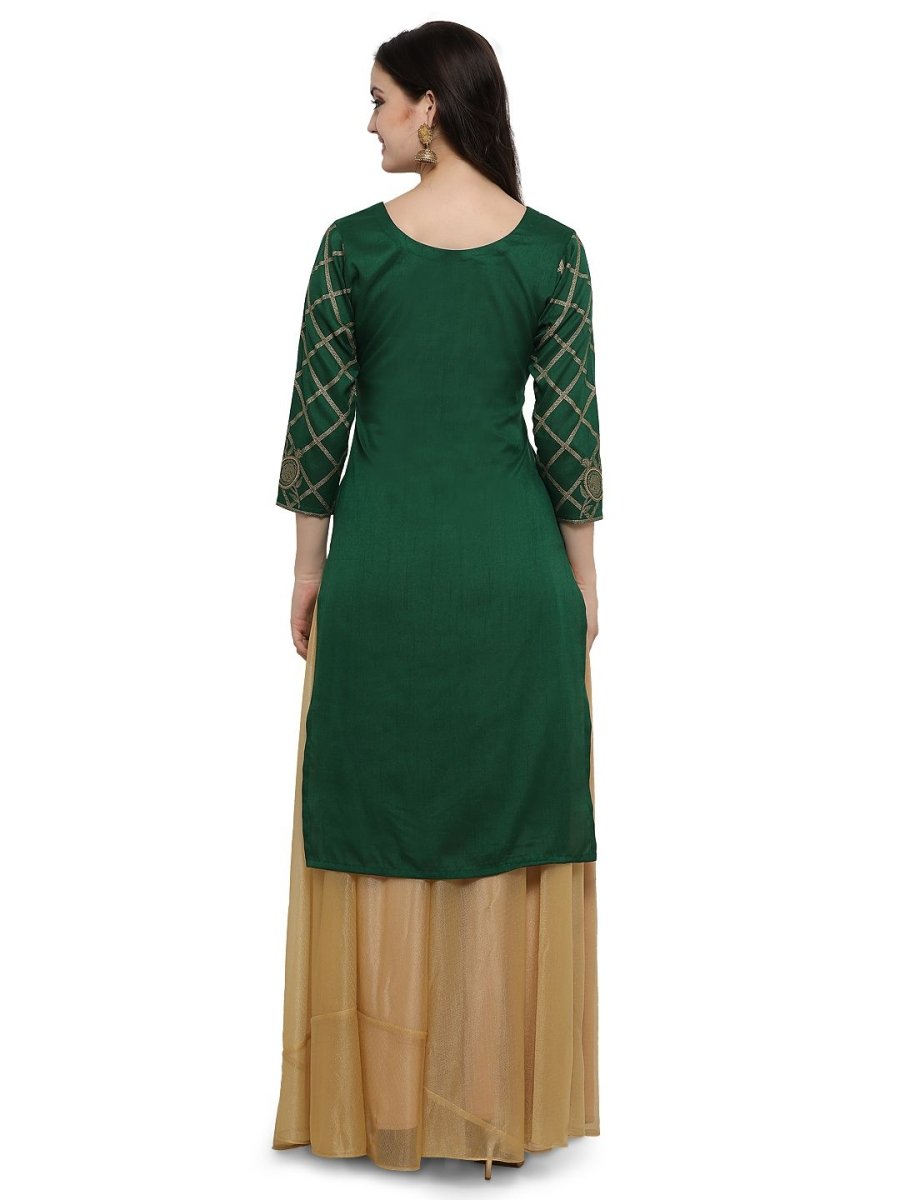 Ahalyaa Women's Green Poly Silk Gold Foil Print Kurta
