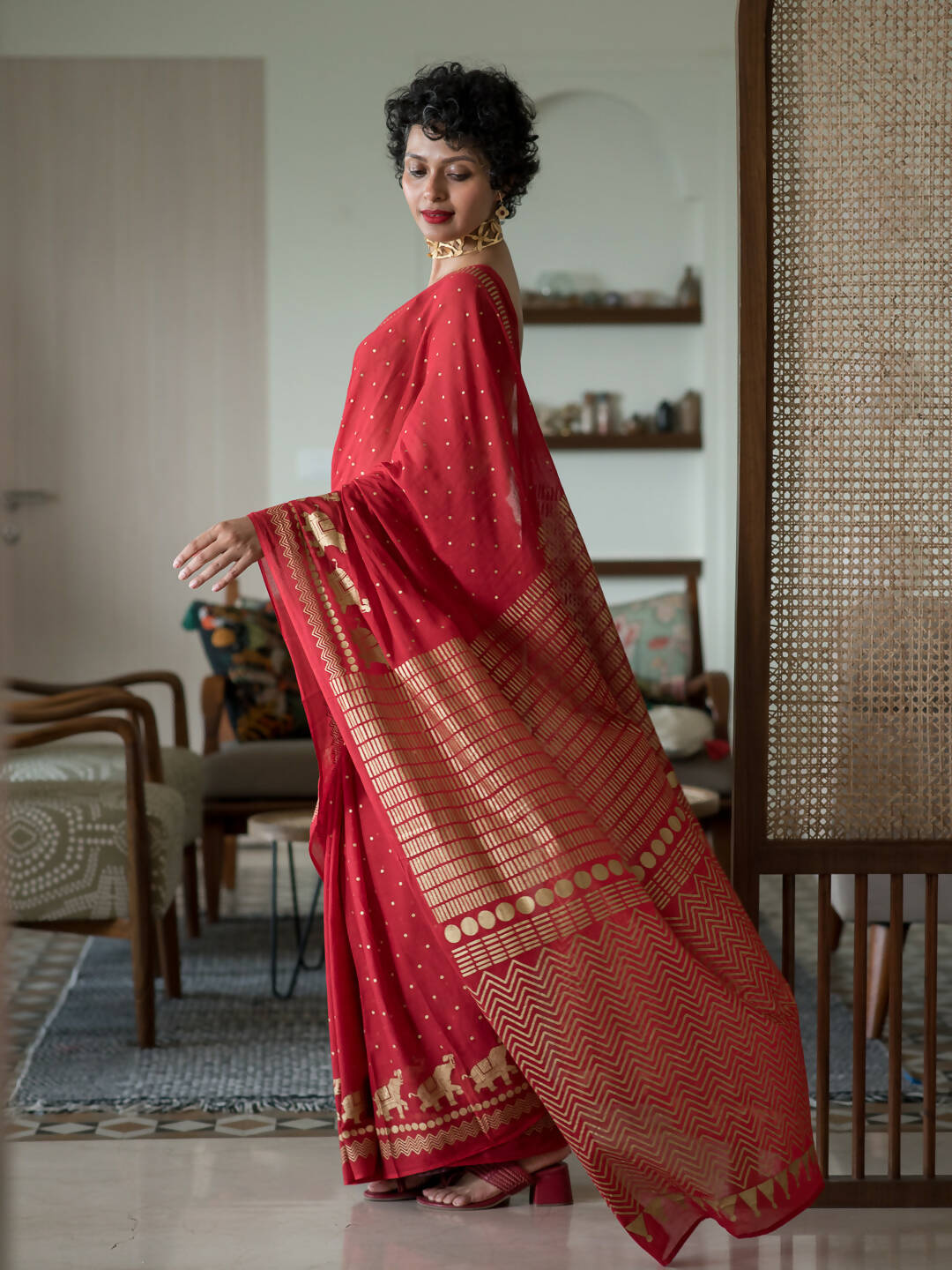 Suta Red Polka Dots Cotton Blend Saree - Distacart