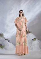 Peach Crepe Satin Silk Designer Ready to wear saree with stithced Blouse - Mohmanthan Aura