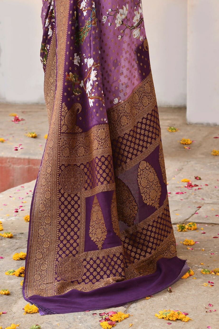 Joban Fashion Plum Purple Crepe Chiffon Pure Handloom Banarasi Silk Saree