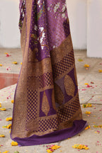 Joban Fashion Plum Purple Crepe Chiffon Pure Handloom Banarasi Silk Saree
