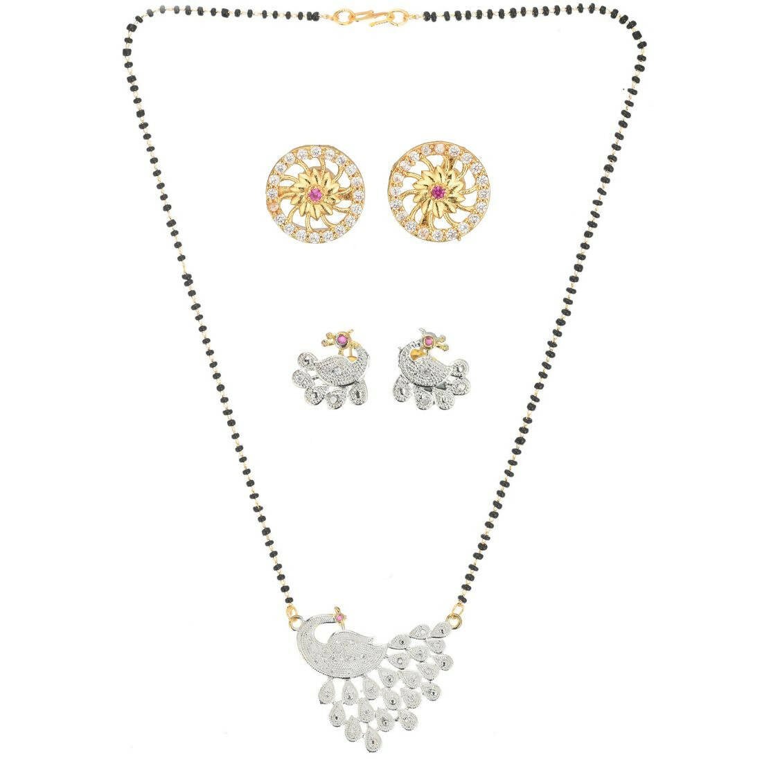 AanyaCentric Gold-Polished Mangalsutra with Pendant, 2 Pair Earrings