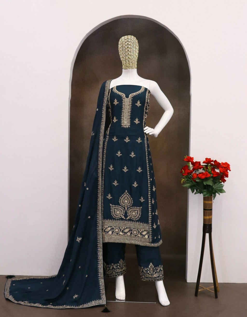 Anaita Teal Green Chinon Silk Stitched Suit with Embroidery & Sequence Work - Distacart