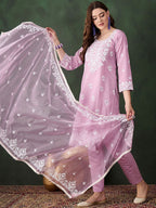 Sangria Lavender Floral Embroidered Thread Work Cotton Kurta & Trouser With Dupatta
