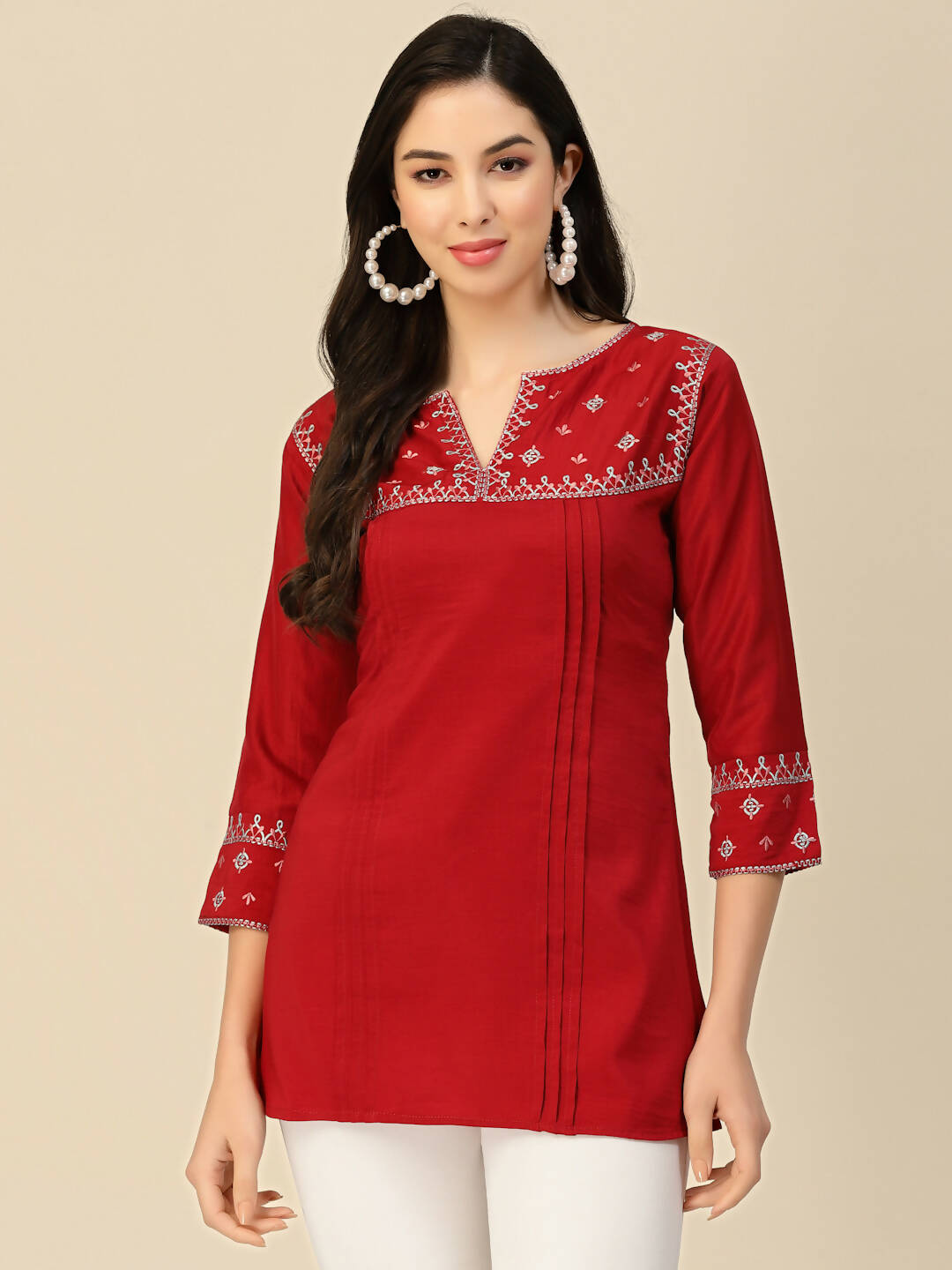 Red Chinon Floral Embroidered Top - Zeny