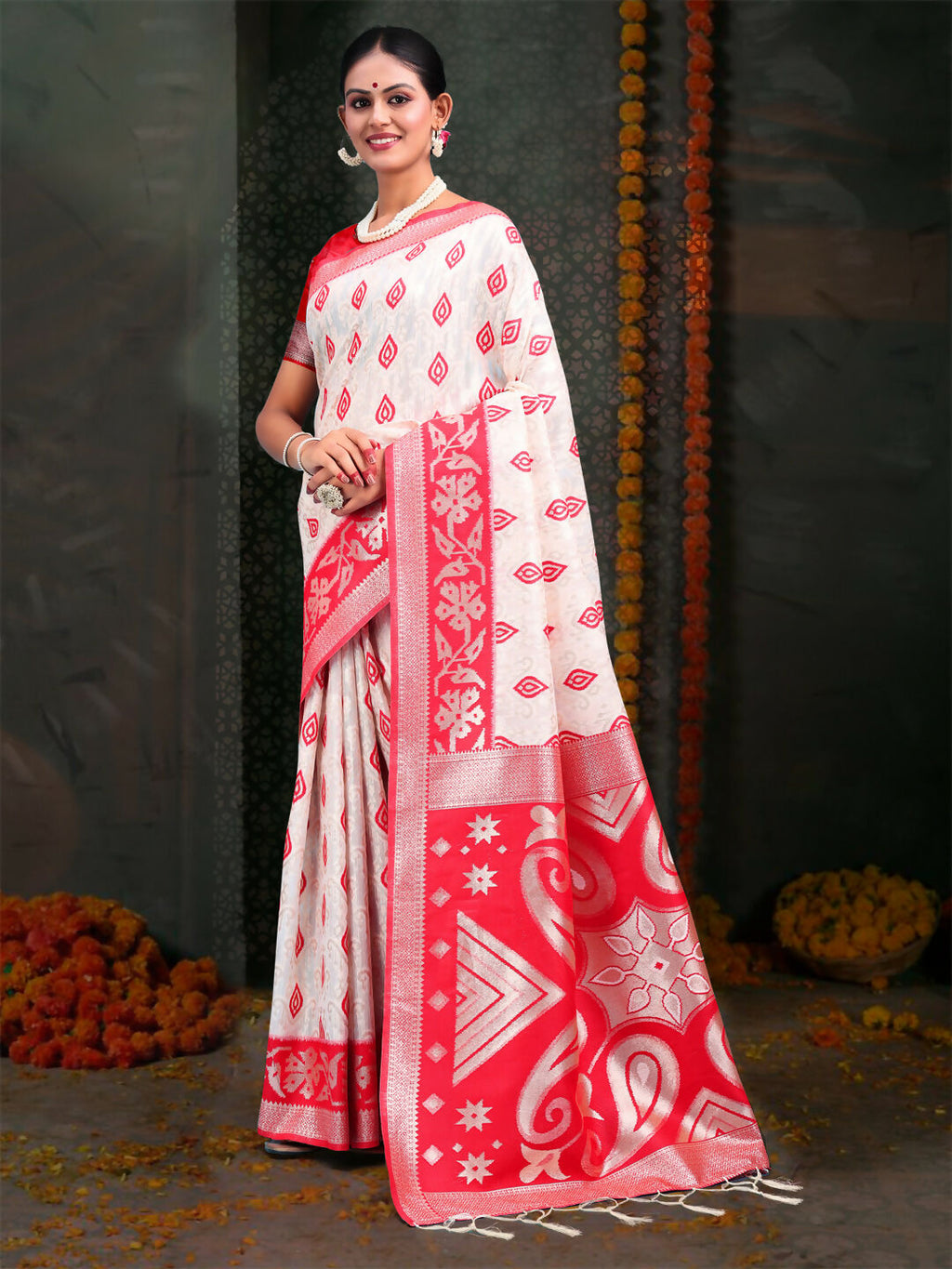 Shree Shyam Fashion Devistuti Red White Linen Cotton Saree