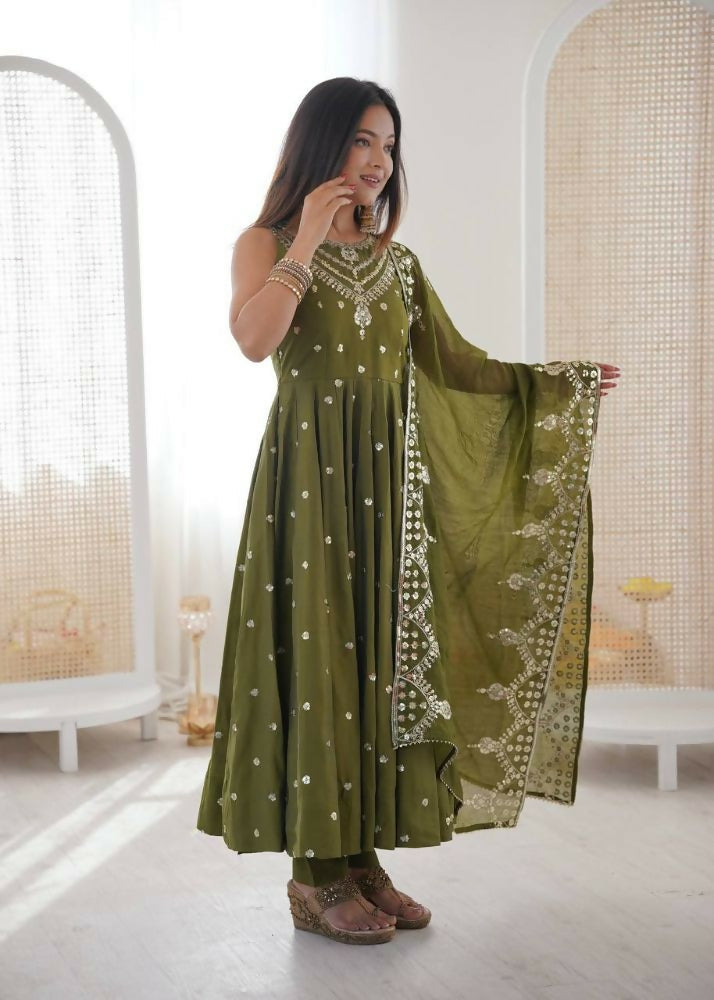 Teeya Creation Green Color Roman Silk Embroidery Work Party Wear Gown - Distacart