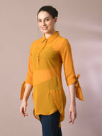 Myshka Women's Yellow Solid Georgette Longline Party Sheer Tunic