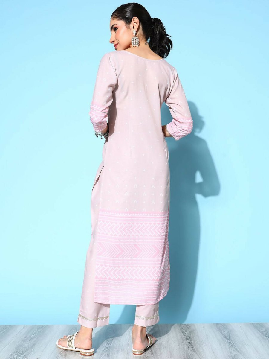 Ahalyaa Women's Beige Cotton Blend Printed Kurta Pant Set - Distacart