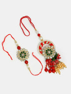 NVR Women & Men Set of 2 Red & Gold Toned Stone-Studded & Beaded Bhaiya Bhabhi Rakhi With Roli Chawal & Chocolate - Distacart