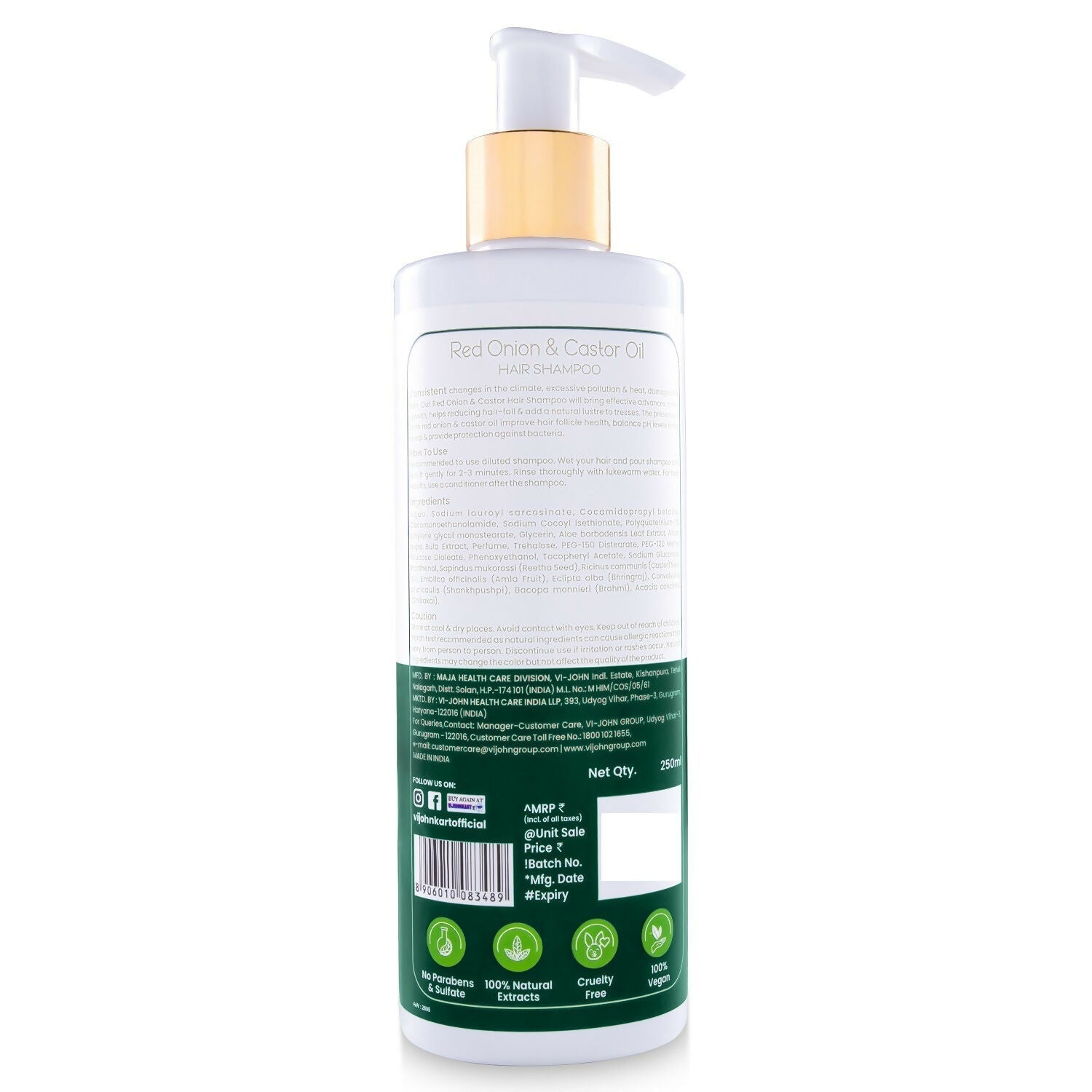 VI-JOHN Prakritik Red Onion & Castor Oil Shampoo Helps with Hair Fall & Re-Growth 100% Bio Actives