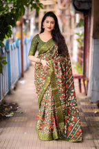 Mehndi Slub Silk Printed Saree with Unstitched Blouse - Hiral Fashion
