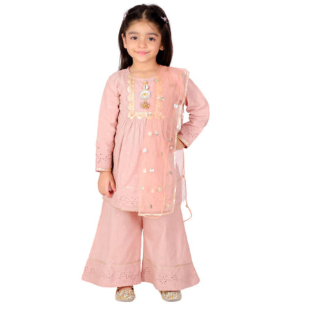Little Bansi Girls Brown Tussel work Schiffli Kurta Frock with Plazzo and Dupatta