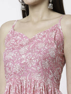 Myshka Women Pink Pure Cotton Printed Sleeveless Round Neck Kurta With Sharara & Dupatta Set